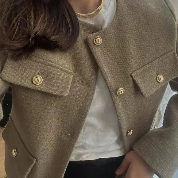 Khaki Casual Women's Tweed Jacket Round Neckline Decorated Long Sleeves Coat - Picture 4 of 8